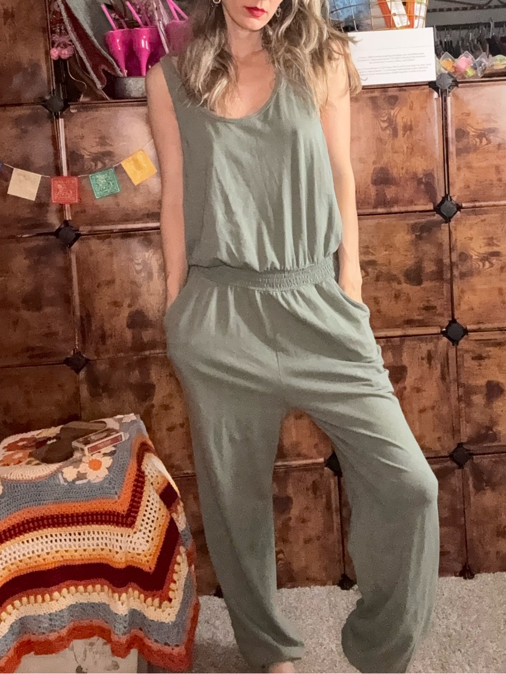 aerie Olive Green Sleeveless Knit Jumpsuit